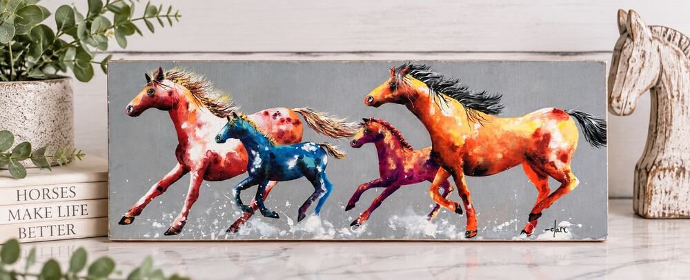 Clara Nilles Splash Horse Art Wood Panel Vivid Galloping Ponies 11” Equestrian
